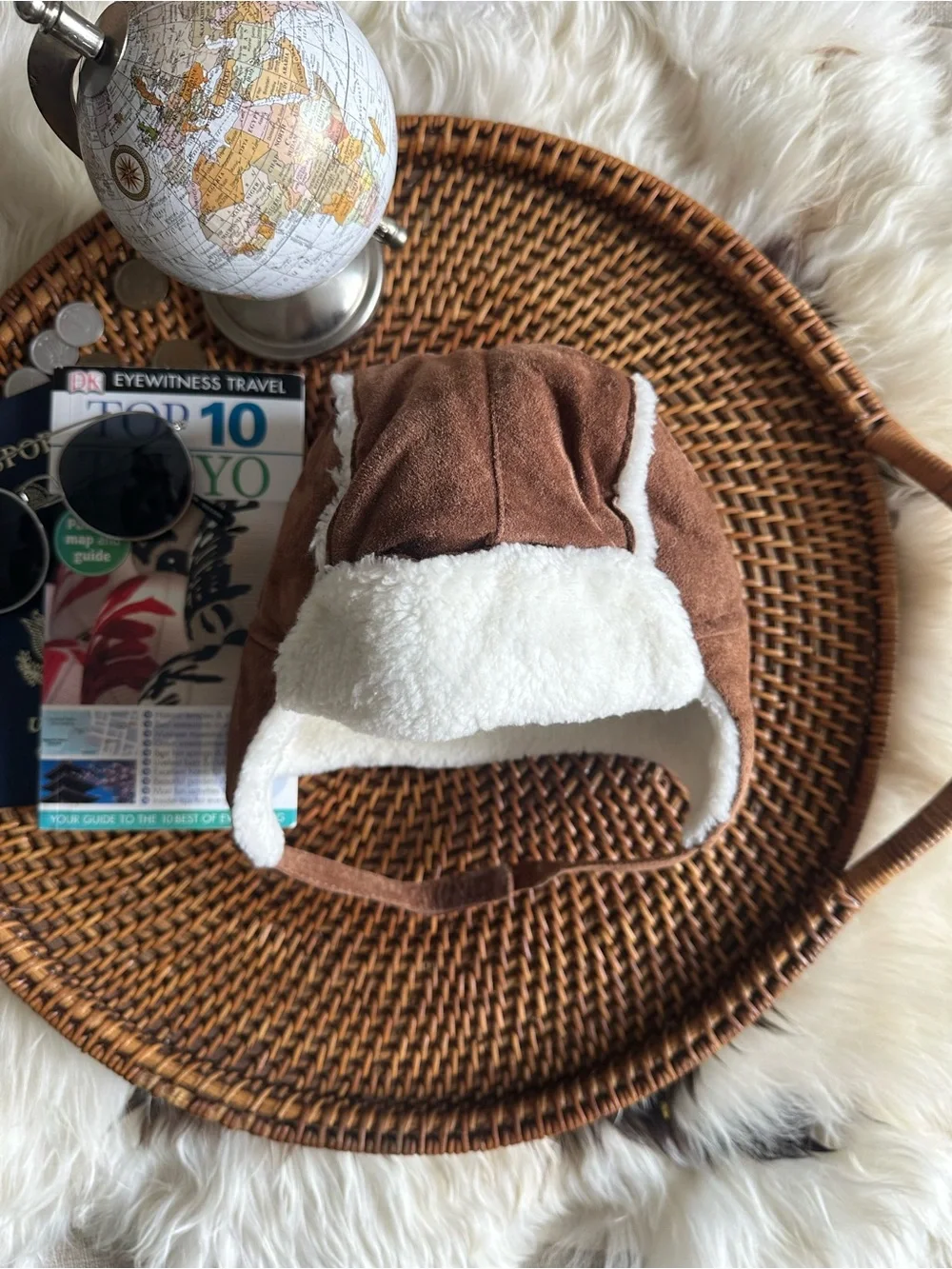 Janie & Jack Kids Brown Leather Suede Trapper Hat with Sherpa Lining 12-18M